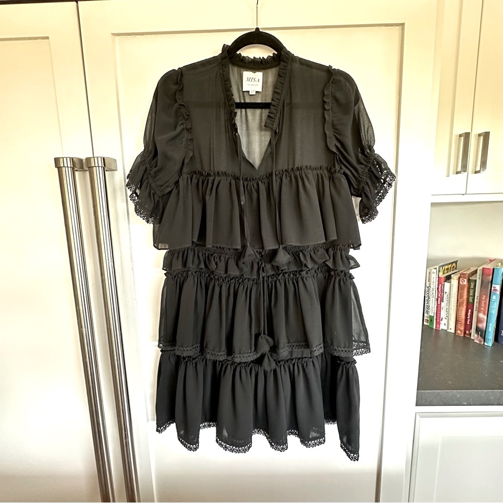 MISA Los Angeles Black Ruffled Sheer tiered dress
